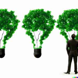 Illustration of a Person standing infront of plants, looking like bulbs.